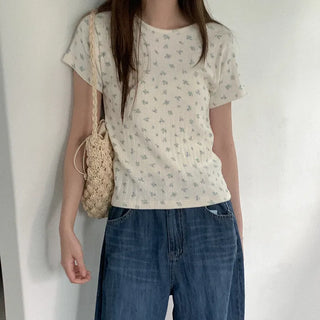 Flower eyelet punched short-sleeved T-shirt