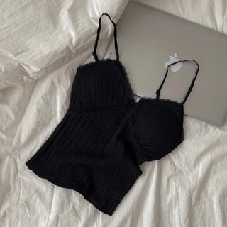 [With built-in cups] Inner lace ribbed camisole with built-in cups