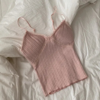 [With built-in cups] Inner lace ribbed camisole with built-in cups