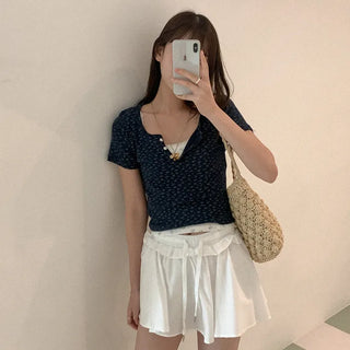 Flower Button Short-Sleeved T-Shirt