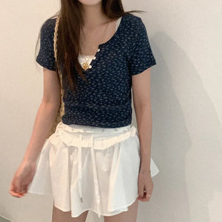 Flower Button Short-Sleeved T-Shirt