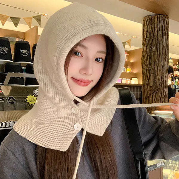 Knit Ribbon Hooded Button Balaclava Neck Warmer (6 colors)