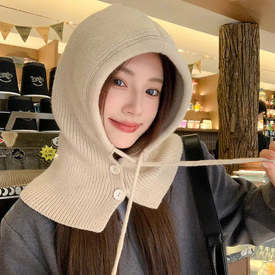 Knit Ribbon Hooded Button Balaclava Neck Warmer (6 colors)