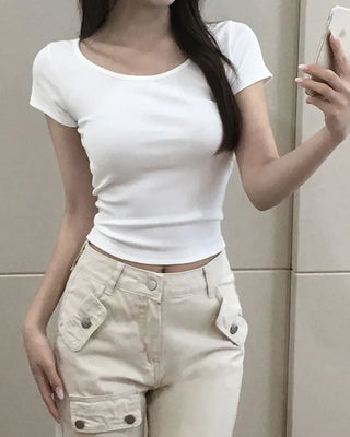 Round neck back slit short-sleeved T-shirt