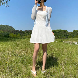 [Lined] Bustier Sleeveless Mini White Cotton Flare Dress