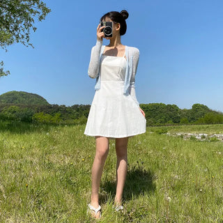 [Lined] Bustier Sleeveless Mini White Cotton Flare Dress