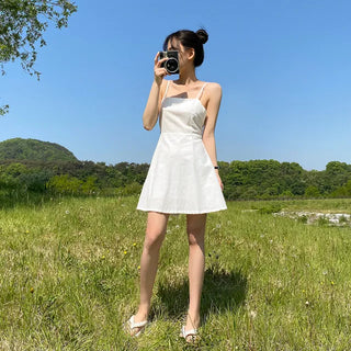 [Lined] Bustier Sleeveless Mini White Cotton Flare Dress