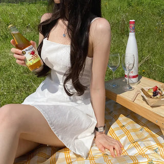 [Lined] Bustier Sleeveless Mini White Cotton Flare Dress