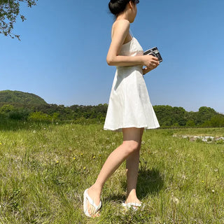 [Lined] Bustier Sleeveless Mini White Cotton Flare Dress