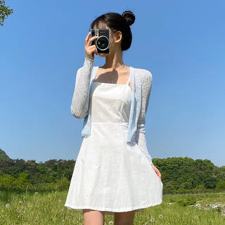 [Lined] Bustier Sleeveless Mini White Cotton Flare Dress