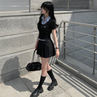 Striped Border Slim Button Stitch Knit