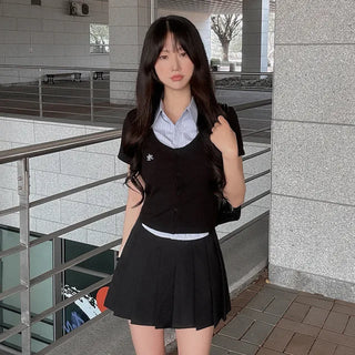 Striped Border Slim Button Stitch Knit