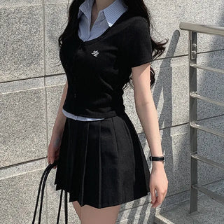 Striped Border Slim Button Stitch Knit