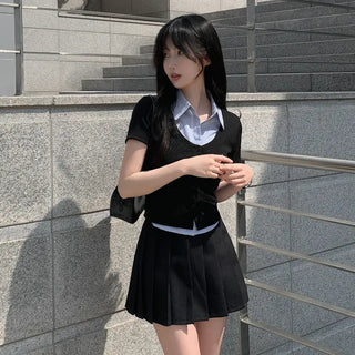 Striped Border Slim Button Stitch Knit