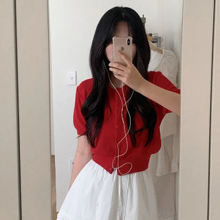 See-through loose-fitting short-sleeve knit cardigan
