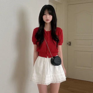 See-through loose-fitting short-sleeve knit cardigan