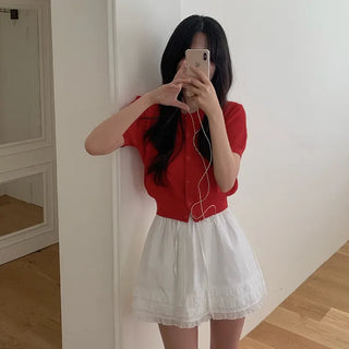 See-through loose-fitting short-sleeve knit cardigan