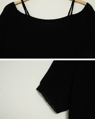 Shoulder strap slit off-shoulder summer short-sleeved knit