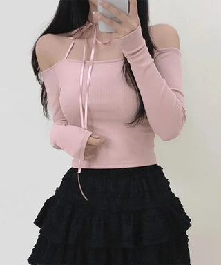 Off-shoulder ribbon slim long-sleeve T-shirt