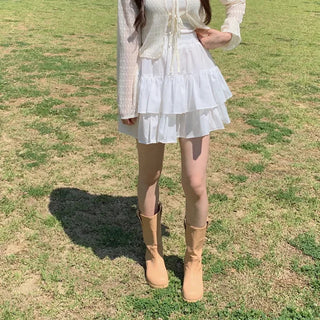 Autumn Skirt-Pants Mini Elastic Waist A-Line Chiffon White Skirt