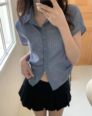 Striped sheer shirred short-sleeved shirt blouse