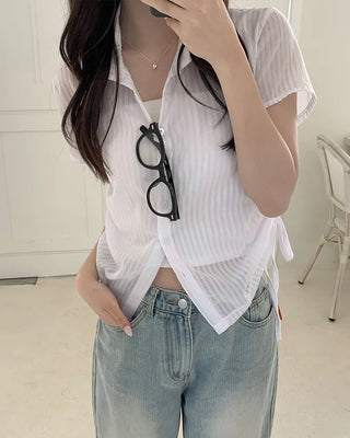 Striped sheer shirred short-sleeved shirt blouse