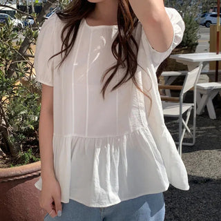 Lace frill puff short-sleeved layered blouse