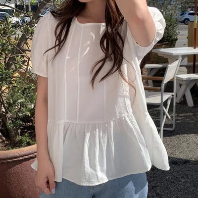 Lace frill puff short-sleeved layered blouse