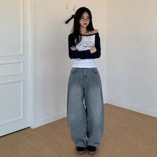 Pleated wide-leg denim pants