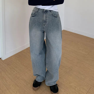 Pleated wide-leg denim pants