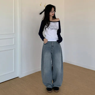 Pleated wide-leg denim pants