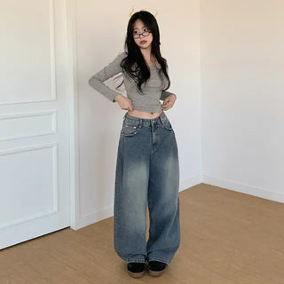 Pleated wide-leg denim pants
