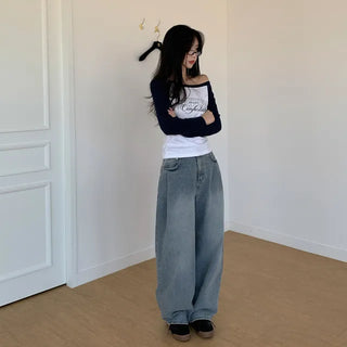 Pleated wide-leg denim pants