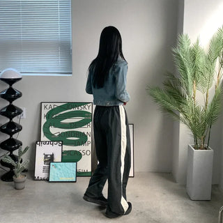 Two-tone nylon elastic waist pants