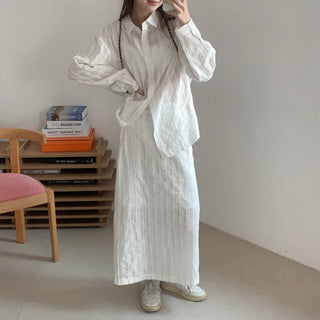 [2-Piece Set] Striped Border Shirt + Long Skirt Set