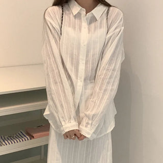 [2-Piece Set] Striped Border Shirt + Long Skirt Set