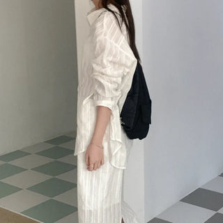 [2-Piece Set] Striped Border Shirt + Long Skirt Set