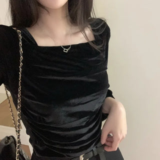 Velour square neck puff sleeve blouse