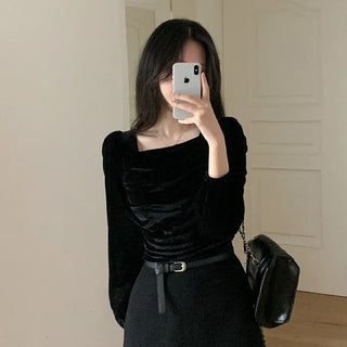 Velour square neck puff sleeve blouse
