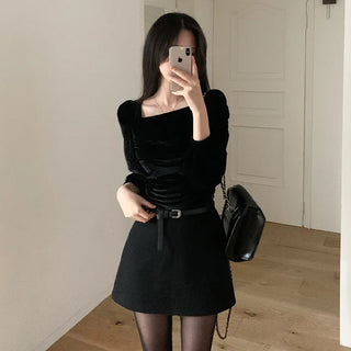 Velour square neck puff sleeve blouse