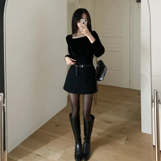 Velour square neck puff sleeve blouse