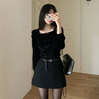 Velour square neck puff sleeve blouse