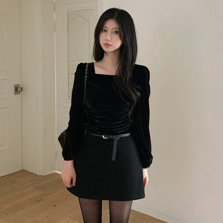 Velour square neck puff sleeve blouse