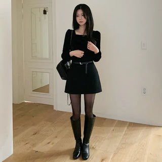Velour square neck puff sleeve blouse