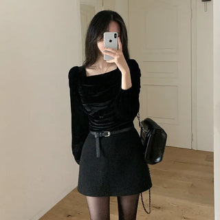 Velour square neck puff sleeve blouse