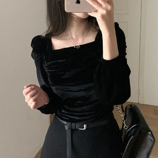Velour square neck puff sleeve blouse