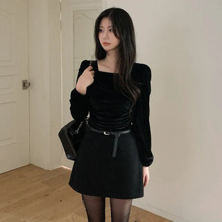 Velour square neck puff sleeve blouse