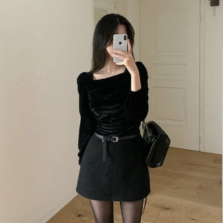 Velour square neck puff sleeve blouse