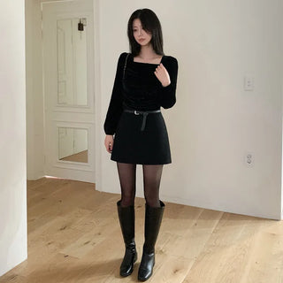 Velour square neck puff sleeve blouse
