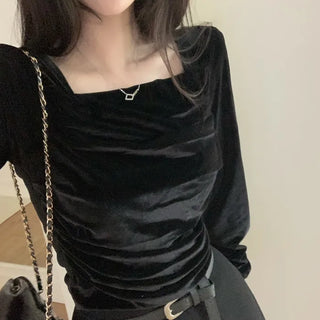 Velour square neck puff sleeve blouse
